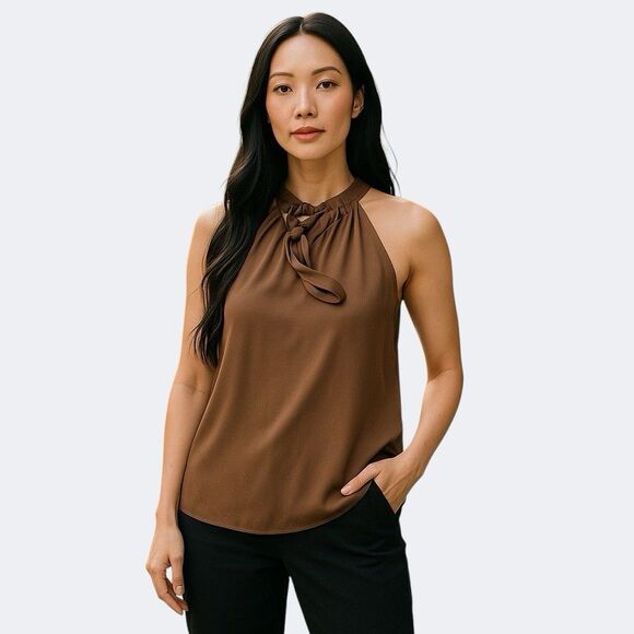 Kobi Halperin Womens Silk Blend Work Blouse Brown Sleeveless Neck Tie Shirt XS - Picture 1 of 13
